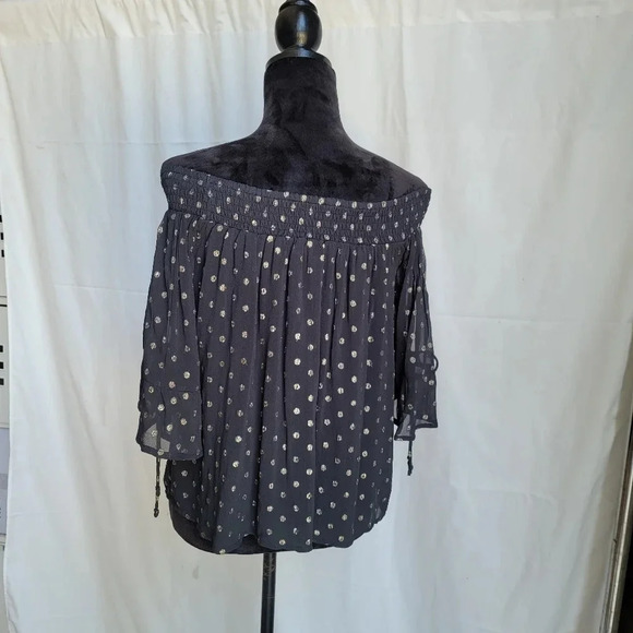 Abercrombie & Fitch Gold Polka Dot Top Off Shoulder Open Tie Sleeve Blouse Sz S - Picture 7 of 10